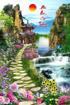 Tranh trang trí nội thất con đường hoa cạnh thác nước