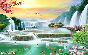 Tranh thiên nhiên thác nước và cành đào đỏ file PSD