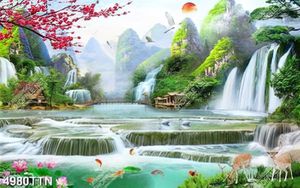 Tranh thiênnhiên cá chép bên thác nước in kính