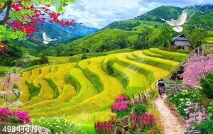 Tranh ngôi làng bên luông bật thang trang trí tường
