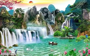 Tranh thuyền chài dưới chân thác nghệ thuật in uv