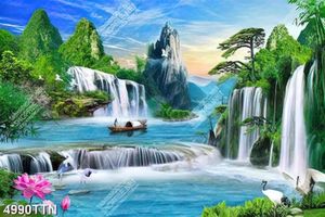 Tranh phong thủy thuyền chài bên thác nước file gốc