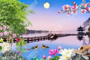 Tranh thiên nhiên hoa mộc lan nở rộ trên cây cầu gỗ