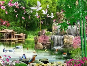 Tranh decor phong cảnh mùa xuân thác nước và hoa file gốc