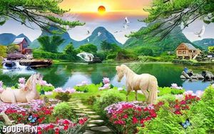 Tranh bạch mã trên vườn hoa cạnh hồ nước đẹp