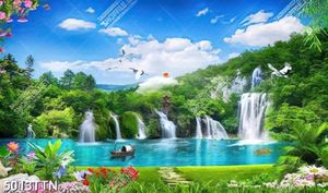 Tranh sơn thủy 3D chài lưới bên thác nước