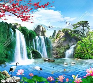 Tranh sơn thủy cành đào đỏ trên thác nước nghệ thuật