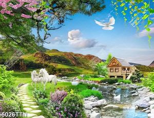 Tranh decor kỳ lân bên nhà gỗ trang trí tường