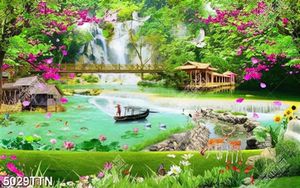 Tranh phong cảnh chài lưới bên ngôi nhà gỗ trên hồ nước file gốc