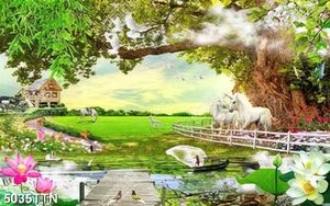 Tranh thiên nhiên kỳ lân bên đồng cỏ xanh in uv