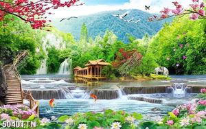 Tranh phong thủy thác nước và nhà gỗ 3D
