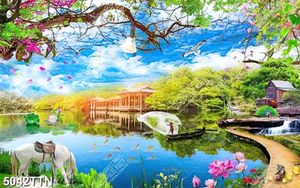 Tranh decor thuyền chài hồ nước bên nhà gỗ in uv