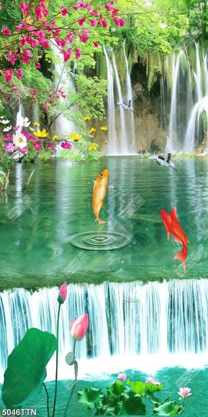 Tranh decor thác nước và cá chép in kính
