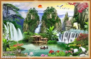 Tranh phong thủy ngôi nhà gỗ dưới chân núi in uv