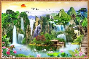 Tranh phong thủy thác nước và đàn cò trắng bên mặt trời