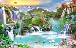 Tranh phong cảnh thiên nhiên cá coi và hoa sen dưới chân thác nước