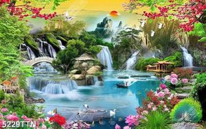 Tranh thiên nhiên giao hòa hoa hồng và hao đào nở rộ bên thác nước