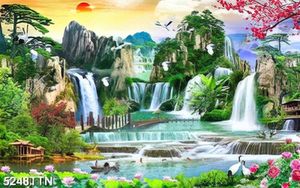 Tranh phong cảnh non nước và đàn cò trắng bên thác nưới
