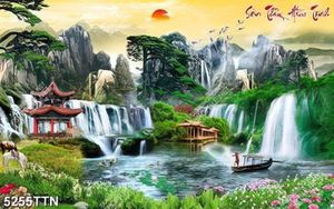 Tranh decor ngôi đền nhỏ bên thác nước in uv