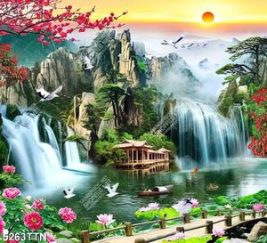 Tranh phong thủy thác nước và hoa đào bên cây cầu gỗ in 3D