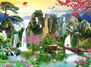 Tranh sơn thủy đôi thiên nga bơi trên dòng sông xanh