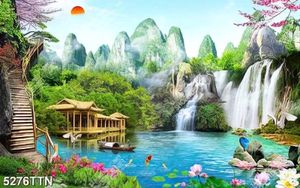 Tranh núi đồi hùng vĩ bà thác nước nhỏ bên hồ nước