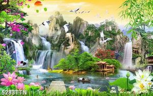 Tranh thiên nhiên dòng sông bên thác nước và người lái đò