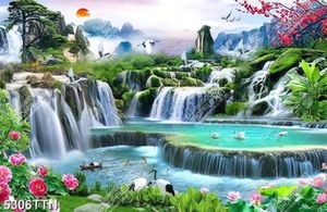 Tranh phong thủy thác nước và núi đồi núi in kính