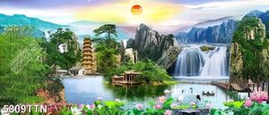 Tranh dán tường ngôi chù nhỏ bên núi và thác nước chất lượng cao