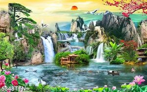Tranh phong thủy thác nước và cành đào đỏ bên dòng sông xanh