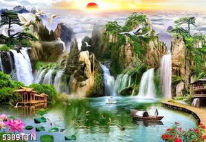 Tranh thác nước và người lái đò bên đàn cá chép nhảy trên hồ nước