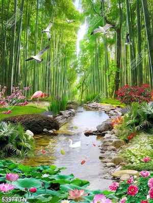Tranh dán tường con suối nhỏ trong rừng tre chất lượng cao