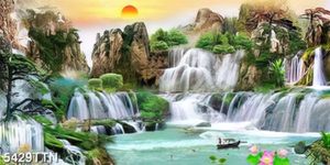 Tranh dán tường thuyền chài bên thác nước nghệ thuật