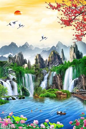 Tranh gắn tường phong thủy đàn có trắng bay trên đỉnh núi vvà hoa đào đỏ chât lượng cao