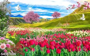 Tranh dán tường cánh đồng hoa tulip nở rực rỡ bên sườn đồi
