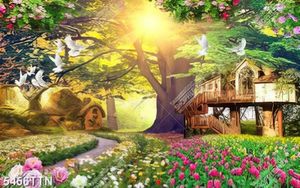 Tranh dán tường vườn hoa tulip bên nhà gỗ và cây cổ thụ file gốc