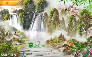 Tranh sơn thủy thác nước hùng vĩ và hoa lá khổ ngang