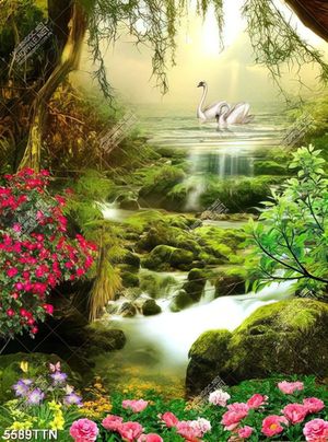 Tranh dán tường 3D chim thiên nga và núi non huyền ảo