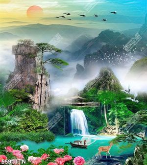 Tranh phong cảnh núi rừng và đàn chim bay tuyệt đẹp in kính