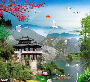 Tranh decor ngôi chùa và núi rừng hùng vĩ