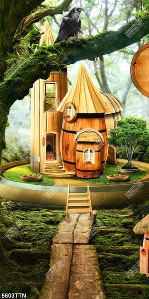 Tranh dán tường lâu đài nhỏ giữa khu rừng in chất lượng cao