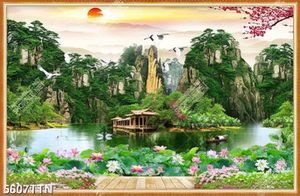 Tranh phong cảnh hoa sen và sông núi hữu tình lá in kính