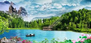 Tranh trang trí phòng khách đàn chim bay về tổ và thiên nhiên tươi đẹp file PSD