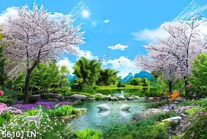 Tranh dán tường in uv đôi thiên nga và phong cảnh rừng hoa tuyệt đẹp