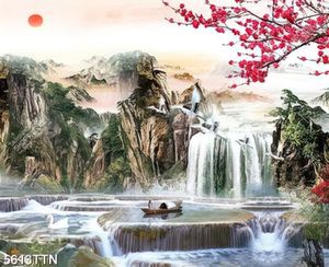 Tranh trang trí phòng khách hoa đào và núi non hùng vĩ file gốc