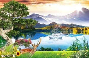 Tranh decor đôi chim thiên nga trên hồ nước tuyệt đẹp