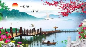 Tranh dán tường cây cầu gỗ và thiên nhiên huyền ảo file gốc