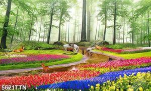 Tranh dán tường 3D công viên hoa Tuylip thơ mộng