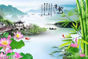 Tranh hoa sen và chữ thư pháp Trung Quốc in uv