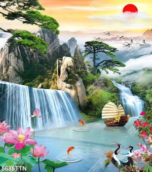 Tranh dán tường 3d con thuyền căng buồm và thiên nhiên hùng vĩ file psd